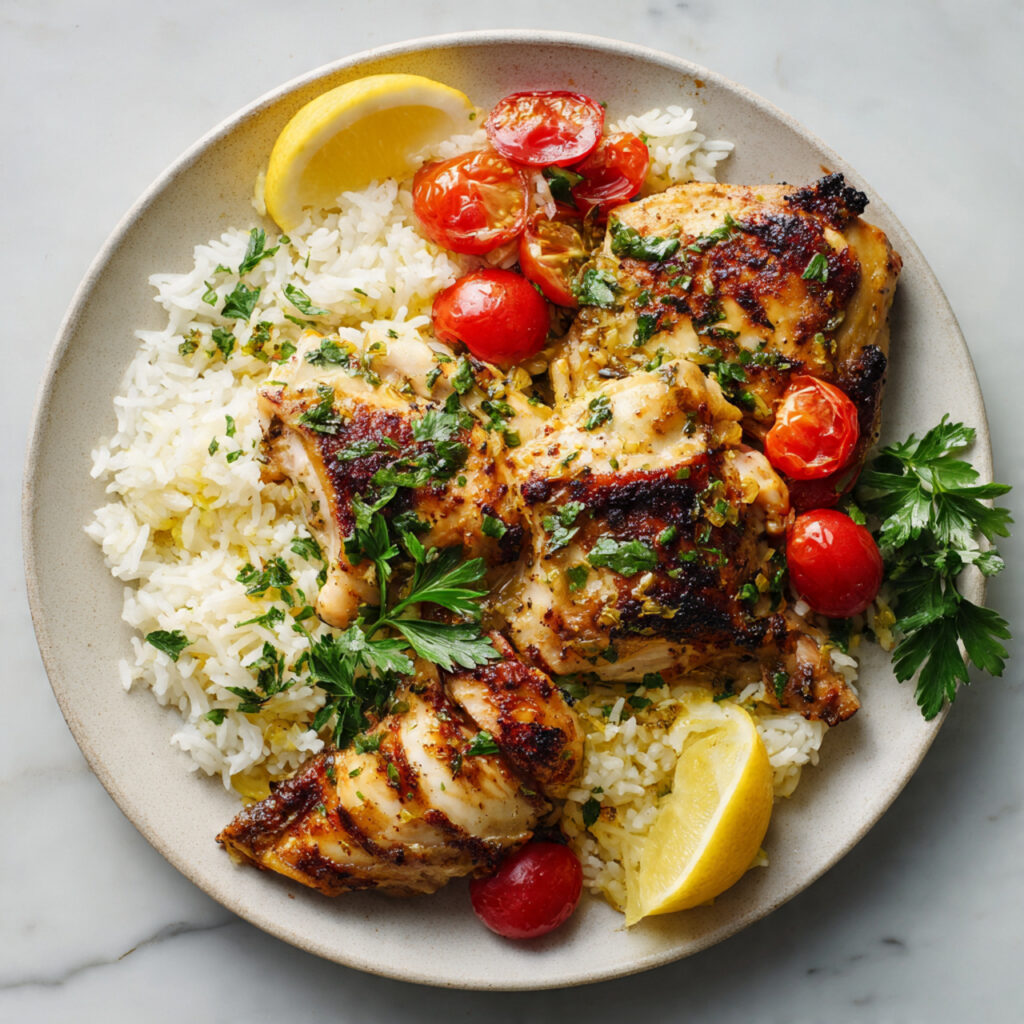 Greek Chicken with Lemon Rice and Tomatoes