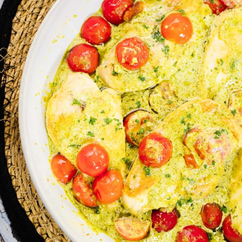 Creamy Pesto Chicken with Roasted Tomatoes