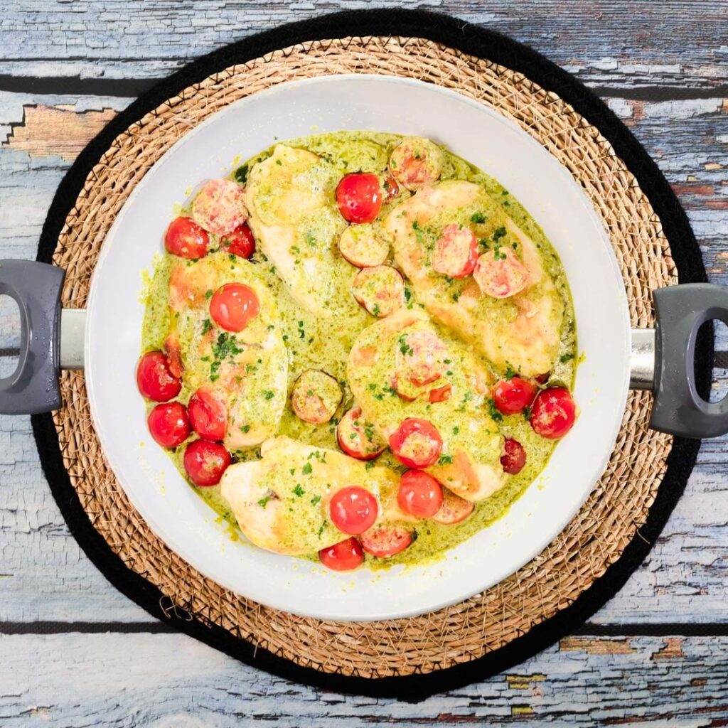 Creamy Pesto Chicken with Roasted Tomatoes