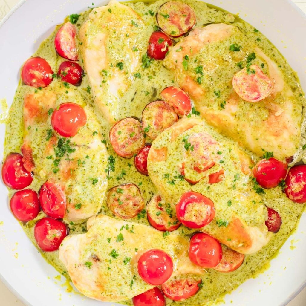 Creamy Pesto Chicken with Roasted Tomatoes
